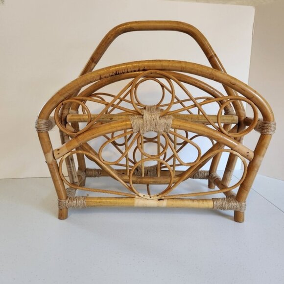 Vintage Bamboo Book Storage Basket Magazine Rack 1970s 70s Boho Home Decor Hippy - Picture 9 of 9